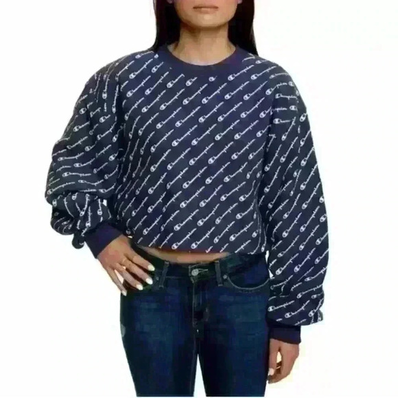 Champion Reverse Weave All Over Spellout Logo Crop Crew Sweatshirt XL - Picture 1 of 7